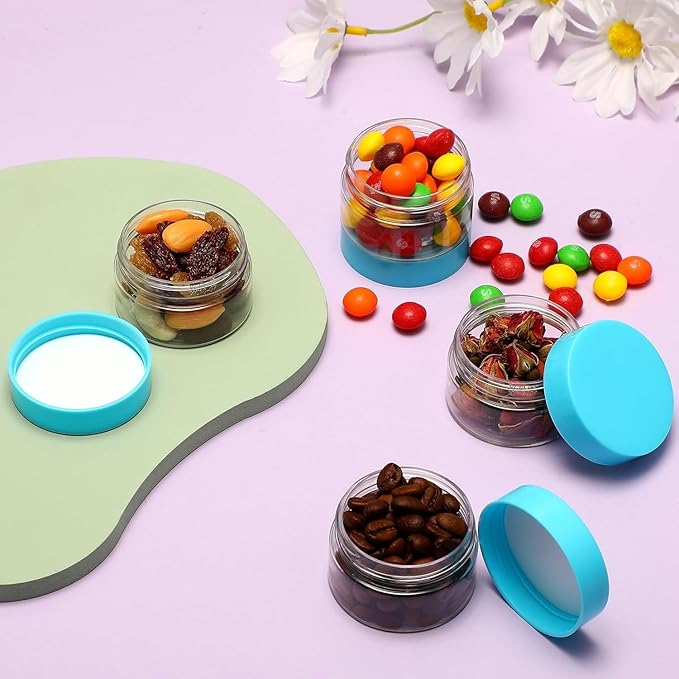 SATINIOR 12 Pack 1 oz Plastic Container Jars with Lids Round Clear Travel Cosmetic Container Slime Jars for Toiletries, Lotion, Cream, Ointments, Makeup, Rhinestone, Samples, Kitchen Storage(Blue)