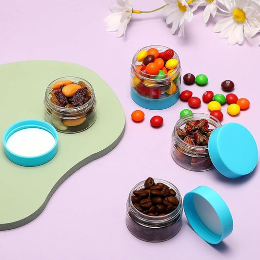 SATINIOR 12 Pack 1 oz Plastic Container Jars with Lids Round Clear Travel Cosmetic Container Slime Jars for Toiletries, Lotion, Cream, Ointments, Makeup, Rhinestone, Samples, Kitchen Storage(Blue)