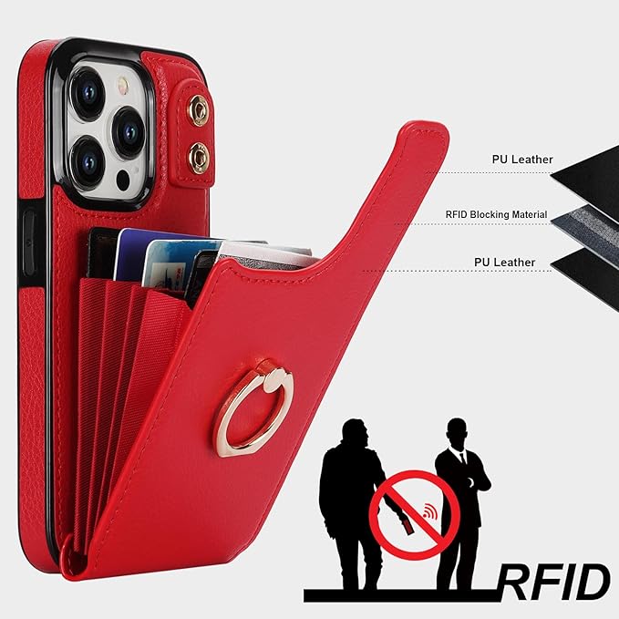 Folosu Compatible with iPhone 15 Pro Case Wallet with Card Holder, 360°Rotation Finger Ring Holder Kickstand, RFID Blocking Leather Protective Double Buttons Shockproof Cover 6.1 Inch Red