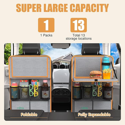 Car Backseat Organizer with Tablet Holder,11 Storage Pockets with Foldable Food Tray, Protector Kick Mats for Kids, Travel Accessories Organizer (Orange, 1Pack with Food Tray)