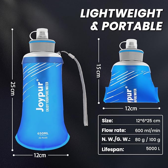 Joypur® Collapsible Squeeze Water Filter Bottle - 650ml with Filter with NSF/FDA Certification Befree or Peak Series replacement for Hiking,Running,Camping,Travel,Cycling,and Fishing; BPA-Free(Blue)
