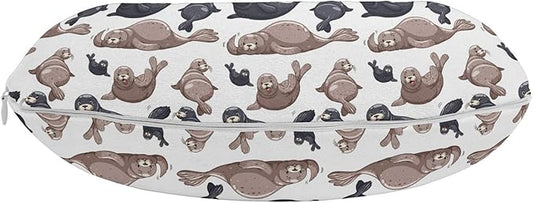 Ambesonne Sea Animals Travel Pillow Neck Rest, Seals Illustration Sea Lion Exotic Tropical Comic Graphic Wild Ocean, Memory Foam Traveling Accessory for Airplane and Car, 12", Cadet Blue Mauve