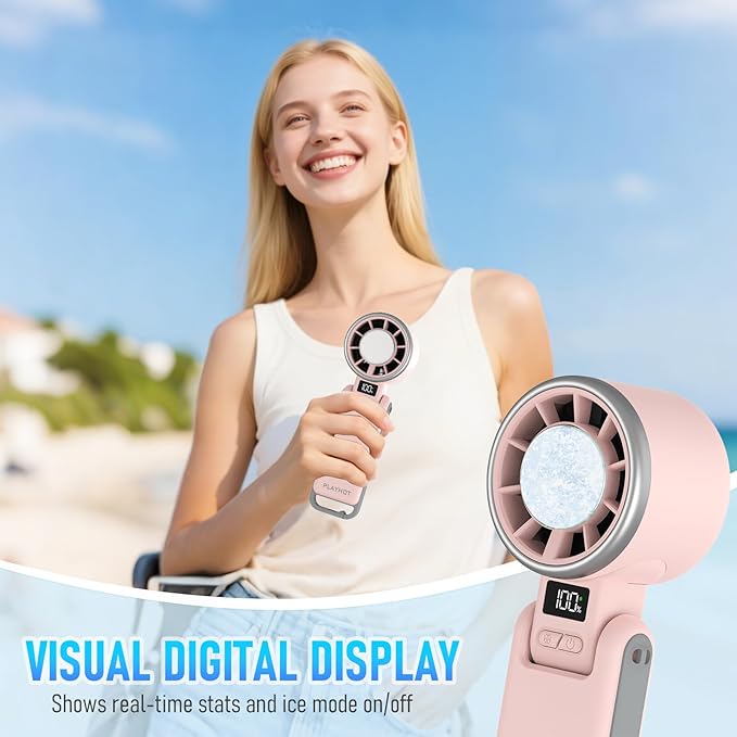 Portable Handheld Turbo Fan with Ice Cooling, Rechargeable Personal Fan, Up tp 12Hrs Cooling, 5 Speed 25550RPM Powerful Portable Fan for Travel, Outdoor, Camping, Hiking (Pink)