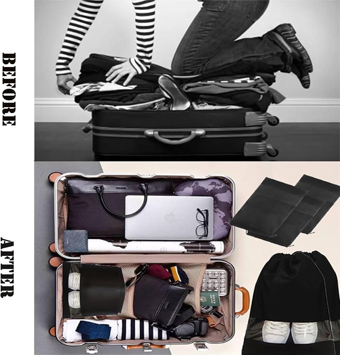 12pcs Non-woven Shoe Bags for Travel 12.6" X 17.3" Portable Shoe Bags with Clear Window, Large Drawstring Dustproof Travel Shoe Storage Bag for Men & Women, Black,XL Size