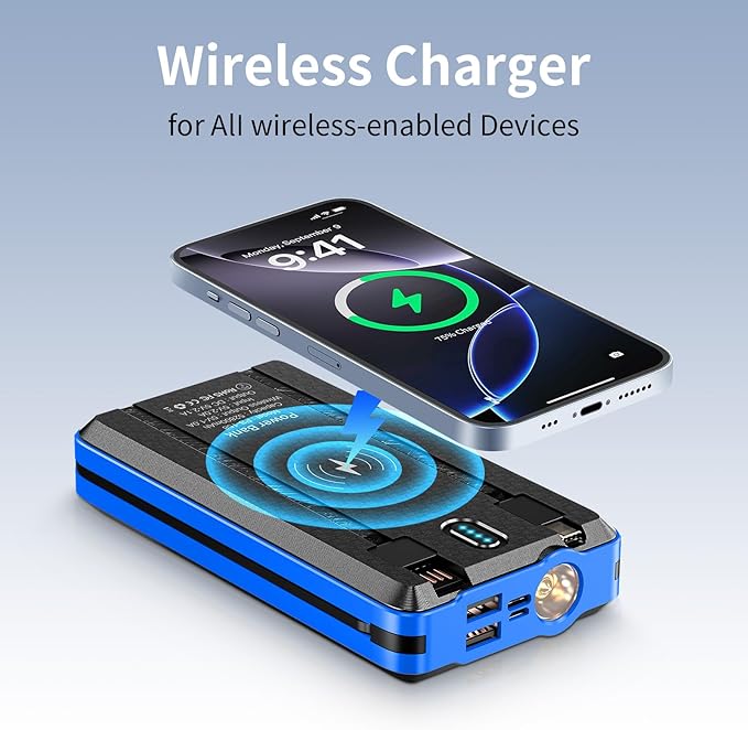 Solar Power Bank Portable Charger Lithium Ion Polymer Battery 52800mAh 5V/3A Fast Charging Battery Pack with Built in 4 Cables 2 Outputs & LED Flashlight for All Mobile Devices Camping Traver Outdoor