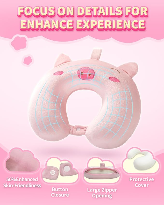 Memory Foam Kids Travel Pillow, Kids Neck Pillows for Travel Car, Cute Airplane Pillow, Washable (Pink Pig, 3-5 Y/O)