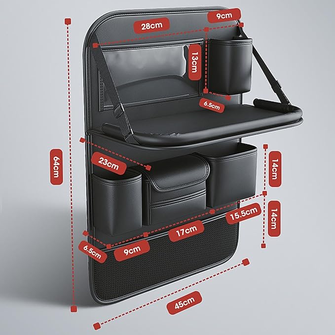 Car Backseat Organizers and Storage, PU Leather Car Seat Back Protector with Foldable Table Tray and Touch Screen Phone Holder, Suitable for Most Vehicles (Black)