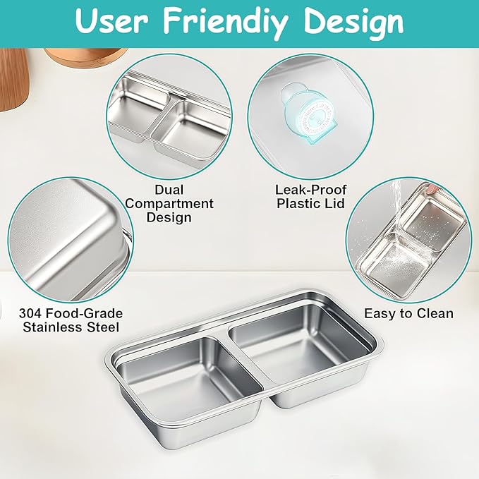 BSTUR 4Pcs 304 Stainless Steel Snack Containers, 30 oz 2 Compartments Portable Food Storage Bento Boxes with Leakproof Lids, Divided Meal Prep Lunch Box Food Container Dishwasher Safe
