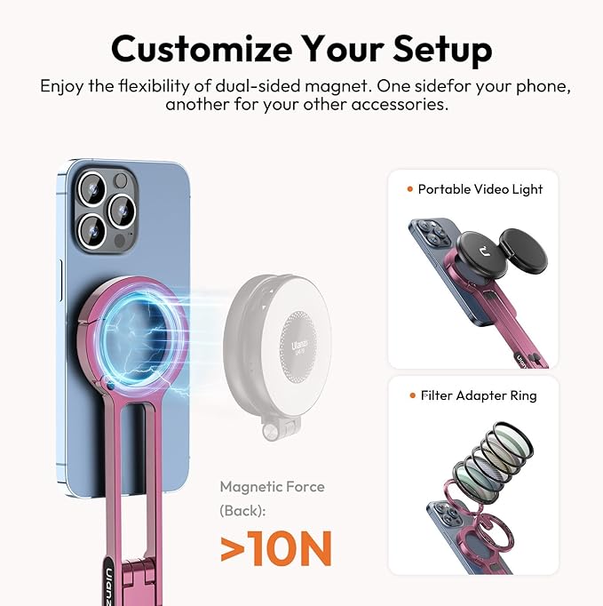 ULANZI MA30 Magnetic Phone Tripod Stand for iPhone - Aluminium Maglock Smartphone Mini Tripod Pocket Cell Phone Stand Strong Magnet Quick Mount Compatible with iPhone 17 16 15 14 13 12 Series, Pink