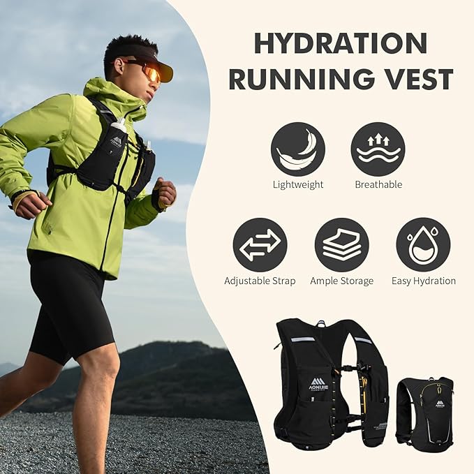 AONIJIE Running Hydration Vest for Men & Women, 8L Hydration Backpack, Multiple Pocket Designs for Water Bottles/Bladders, Lightweight Breathable for Hiking, Climbing, Marathon & Cycling - Green