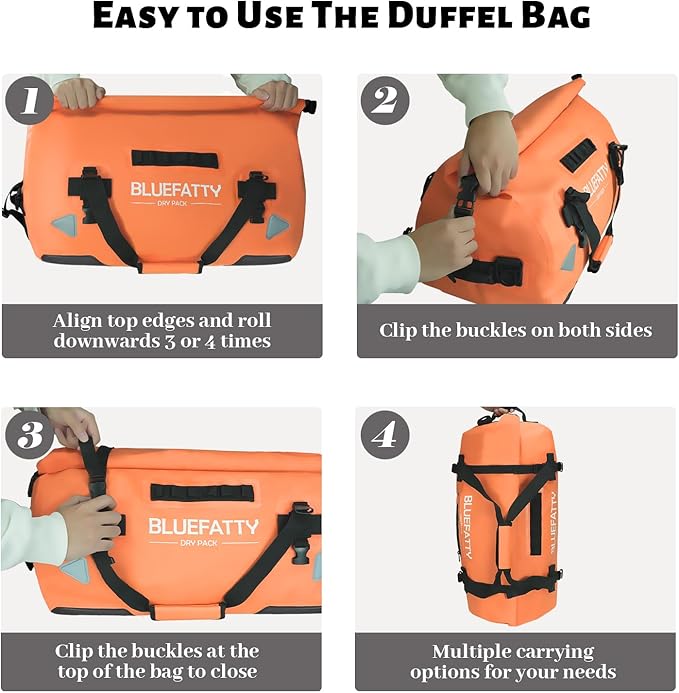 Waterproof Motorcycle Duffel Bag Roll Top Dry Duffel Bag with Quick-fixed Straps for Rafting, Boating, Kayaking, Travel, 50L(Orange)