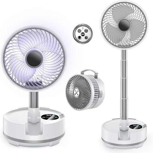 8 inch Portable Fan-Battery Operated Fan, Oscillating Rechargeable Fan with 20000mAh, Remote Control LED Lights, 72HR Run Time, Outdoor Portable Foldable Fan for Camping＆travel (White