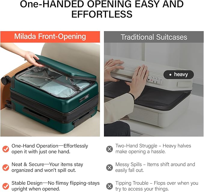 MILADA Expandable Checked Luggage 24 Inch Top Opening Travel Luggage Hard Shell Suitcases with Wheels TSA Approved Luggage Trunk Rolling Medium Checked Suitcase, Blackish Green