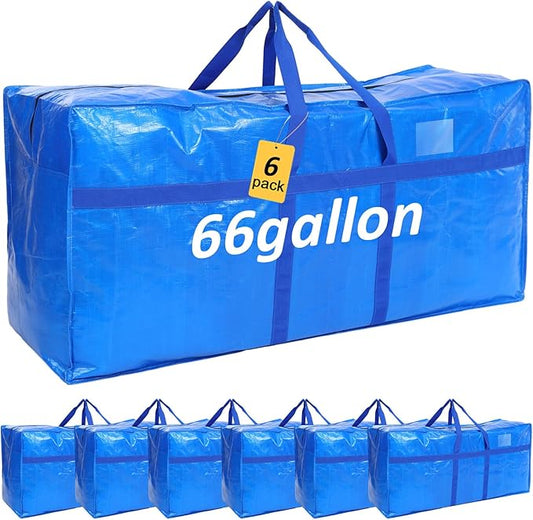 6 Pcs 66 Gallon Large Moving Bags with Zipper and Handles Foldable Storage Duffle Bags Heavy Duty Extra Large Totes for College Dorm Travel Clothes Blankets Bedding Moving (Blue)