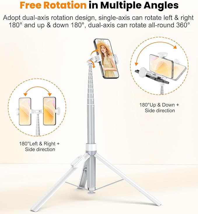 TONEOF 66" Automatic Phone Tripod with Magnetic Rechargable Remote,Selfie Stick 360° Vertical & Horizontal Rotatable,Stable for iPhone/Android(White)