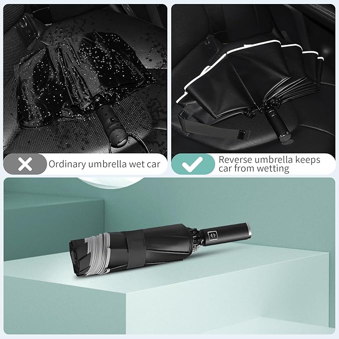 Yoobure Inverted Windproof Travel Umbrella - Automatic Umbrellas for Rain, Compact Folding with Reflective Stripe, Portable Large for Backpack, Lightweight with Sun UV Protection