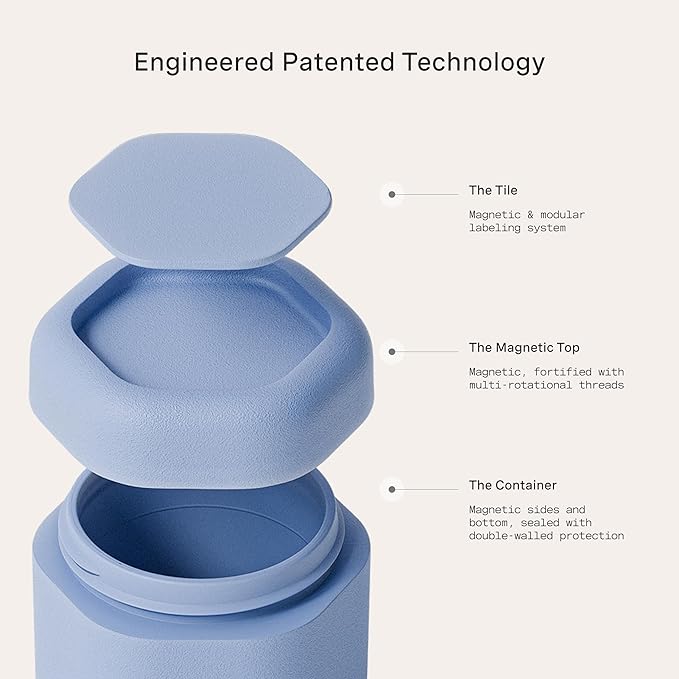 Cadence Travel Containers - Body Care Capsule Set - Magnetic Containers with Lids,Carry On Travel Essentials for Women/Men - 3 Flex Mediums (1.32oz) - Body Wash, Lotion & Sun Icon Labels - Pacific