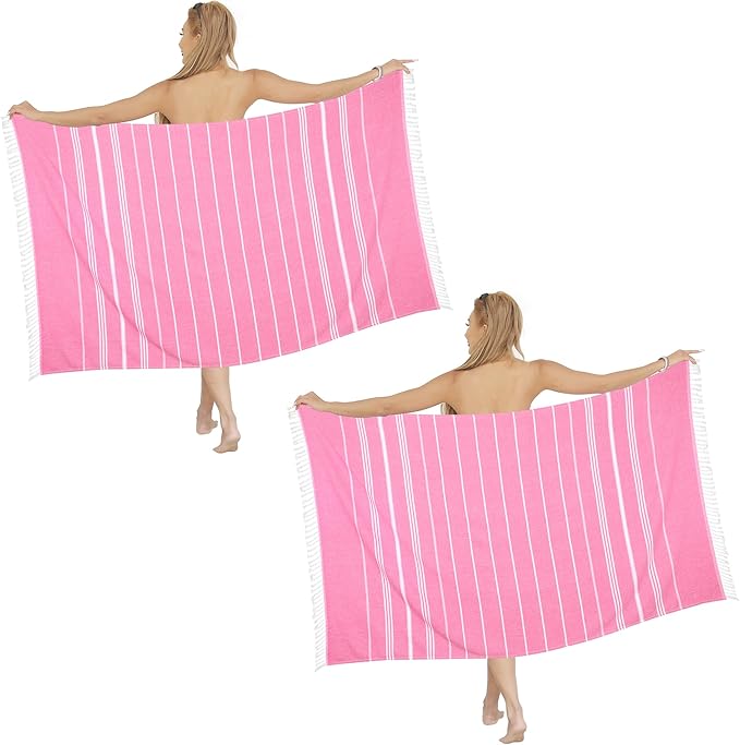 2 Pack Pink Striped Turkish Beach Towels, Super Absorbent & Quick Dry, Sand Free, 39 x 72 Inches
