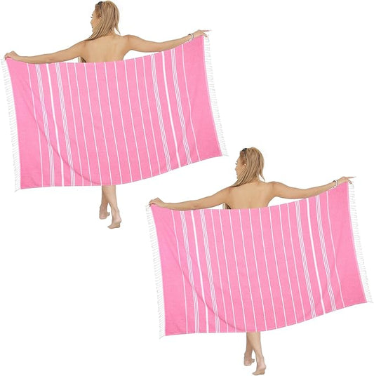 2 Pack Pink Striped Turkish Beach Towels, Super Absorbent & Quick Dry, Sand Free, 39 x 72 Inches