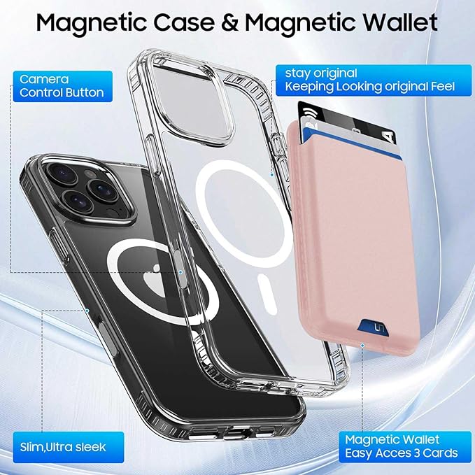 Ntwinro Magnetic for iPhone 16 Pro Max Clear Case (Compatible with MagSafe) with Pink Detachable Wallet & Card Holder for 3 Cards [RFID Blocking] Military Grade Protective Slim Phone Cover