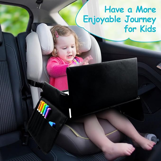 Julaiwy Kids Travel Tray for Car Seat, Carseat Table Tray for Kids Road Trip Activities, Car Trays for Kid Roadtrip Essentials, Toddler Lap Desk Organizer for Airplane - Black