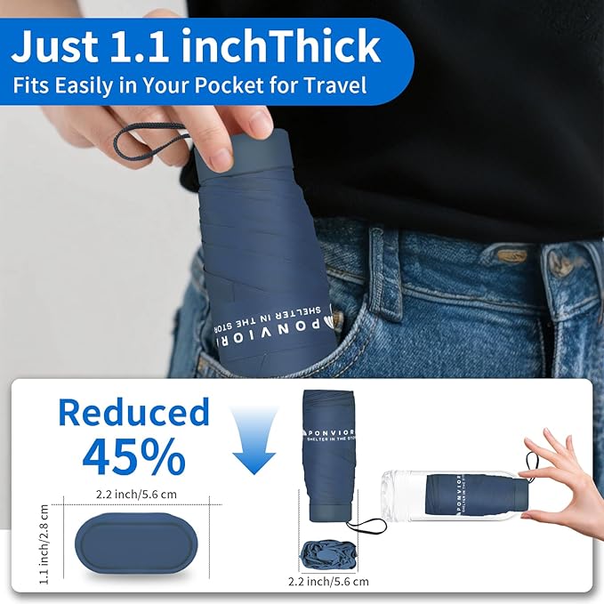 Compact Mini Windproof Travel Umbrella-UPF 50+ Sun & Rain Protection, Small Folding Design Fits in Pocket or Purse, Lightweight Portable with Case for Women, Men & Kids