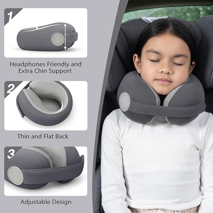 Car Pillow for Little Kids Travel Neck Pillows, Memory Foam Neck Support Travelling Pillow with Washable Cotton Pillowcases and Storage Bag, for Airplane, Train, Flight and Home Use Grey