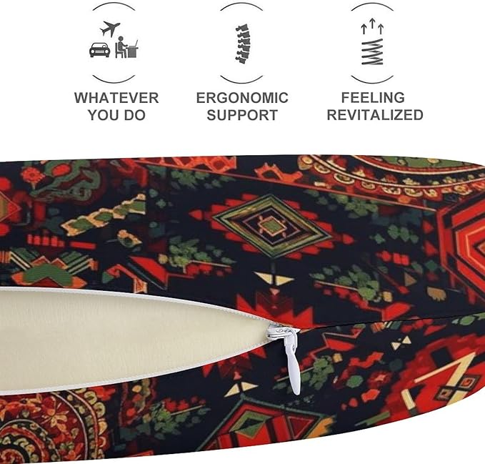 Memory Foam Travel Pillow Chin Head Support Cushion Bandana Paisley and Native American Motifs Pattern, Washable Removable Cover for Airplane Car Outdoor Sleep