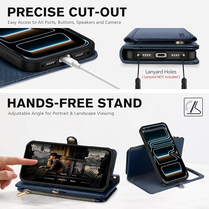 TUCCH Crossbody Detachable Wallet Case for iPhone 17 Pro Max 6.9", 10 Card Holders RFID Blocking, Wireless Charging, Stand, Wrist Strap, Lanyard, Zipper Pocket, PU Leather Shockproof Cover, Dark Blue