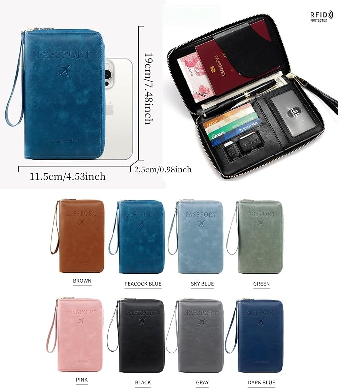 S-11 RFID Blocking Passport Holder Travel Wallet, Slim Zipper Card Case with ID Window, Boarding Pass Slot & Credit Card Organizer for Men and Women. (Green)