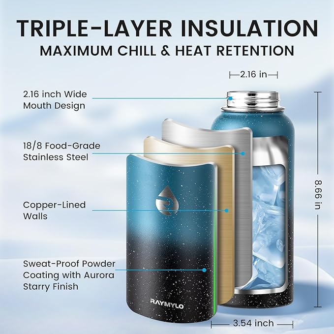 32oz Insulated Water Bottle, Triple Wall Vacuum Stainless Steel Water Bottles - Keeps Cold 48H, Reusable Metal water flask Jug for Gym, Sports, Camping, Hiking,Travel, Starry Sky-Indigo/Black