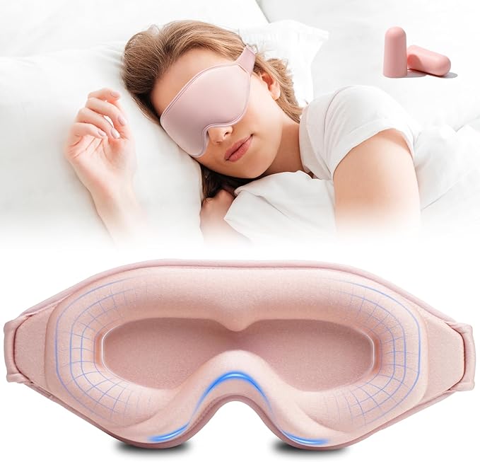 3D Sleep Mask with Earplugs, 100% Light Blackout Eye Mask for Sleep, Washable Sleeping Mask, 0 Pressure Eye Covers for Sleep with Wider Adjustable Strap, Only 1.3oz Light Soft Sleeping Mask (Pink)