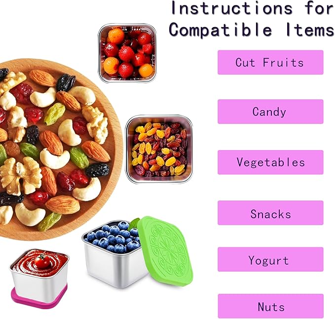 304 Premium Stainless Steel Snack Containers with Silicone Lids, Snackle Box Containers, Easy-Open Leak-Proof Kids for Taking Out for a Picnic, Lunch Box and Travel. (Purple Pink Green-3, 6 OZ)