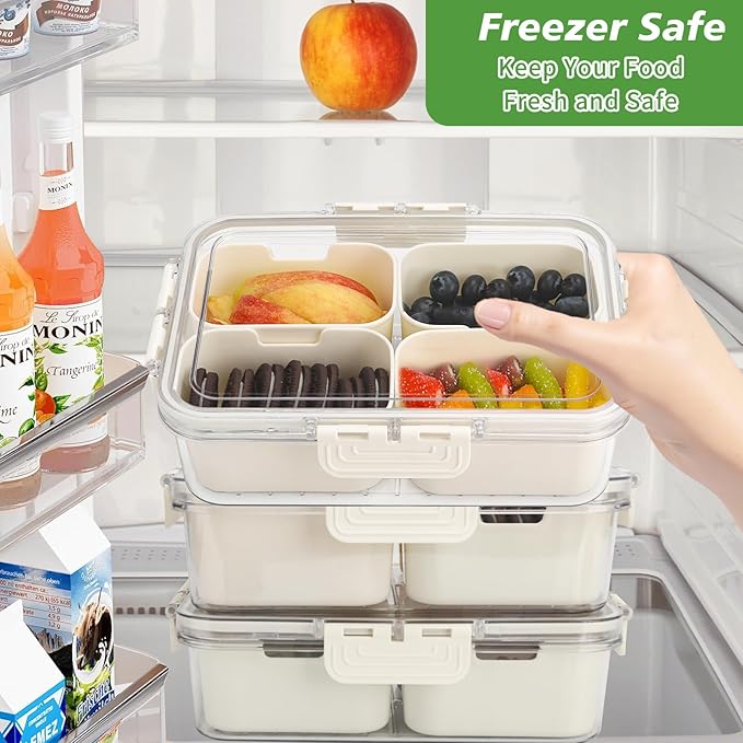 4 Compartment Snack Box Container Tray, Divided Serving Tray with Lid, Mini Small Snackle Box, Portable Charcuterie Container for Party, Picnic, Travel, Food Platter for Snack, Fruits, Veggies