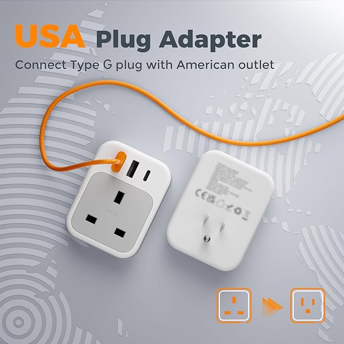 TESSAN UK to US Plug Adapter, UK Adapters for Travel with AC Outlet 3 USB (1 USB C), Type G Power Adapter Ireland London Scotland Kenya Dubai Singapore to Type B USA Travel Adaptor