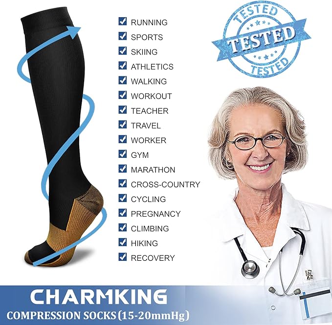 CHARMKING Compression Socks for Women & Men Circulation (8 Pairs) 15-20 mmHg is Best Support for Athletic Running,Cycling