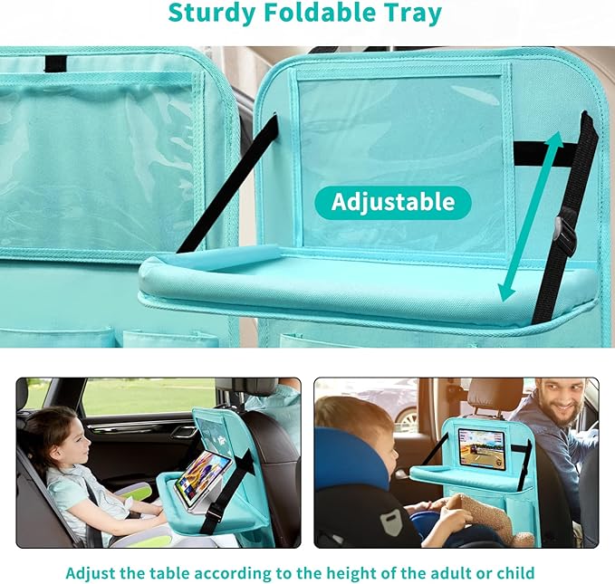 Etre Jeune Backseat Car Organizer with Tablet Holder, 6 Storage Pockets Car Storage Organizer with Foldable Food Tray, Kick Mats Travel Accessories, 2 Pack BLue