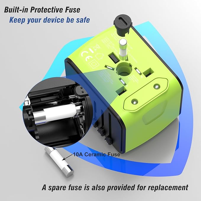 Travel Adapter Worldwide, Universal International Power Plug Adapter W/2.4A 2xUSB-A and 3.0A 2xType-C Wall Charger, European Travel Plug Adapter for Europe UK EU US CA AU Italy Asia-Green