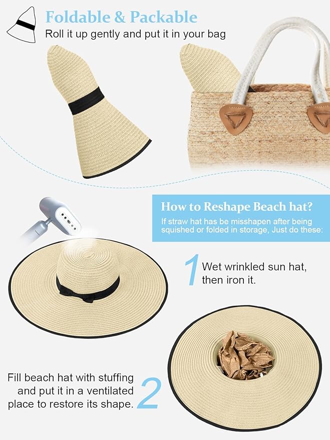 Senker Fashion Sun Hats for Women Oversize Wide Brim Straw Beach Hat Floppy Foldable Roll-Up Summer Vacation UPF 50+