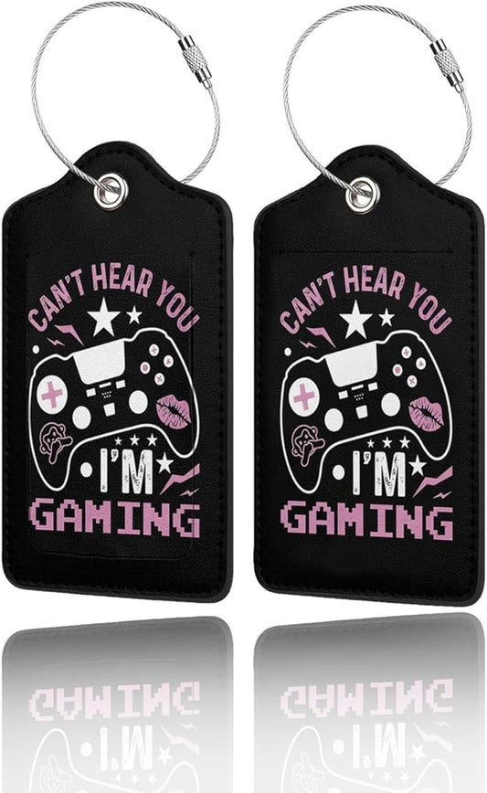 2 Pack Luggage Tags for Suitcase, Privacy Cover ID Label with Stainless Steel and Address Card for Travel Bag Backpack Cruise Ship Essentials Tag Women - Can't Hear You I'm Gaming Gamer Girl