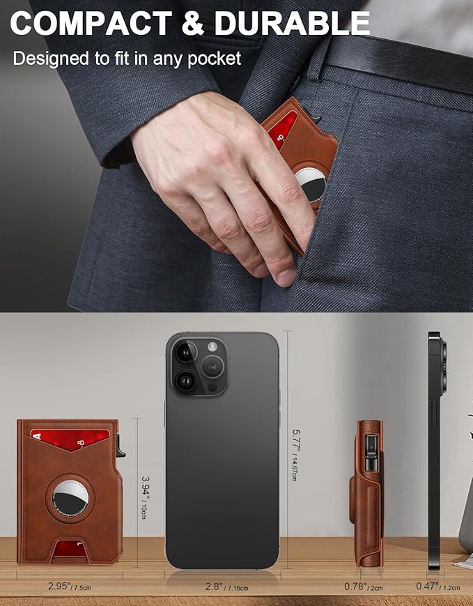 Airtag Wallet for Men, Minimalist Slim Mens Wallet Smart Pop Up Credit Card Holder for 9-13 Cards, RFID Blocking Wallet with ID Window & Cash Slot, Compact Bifold Metal Aluminum Card Case