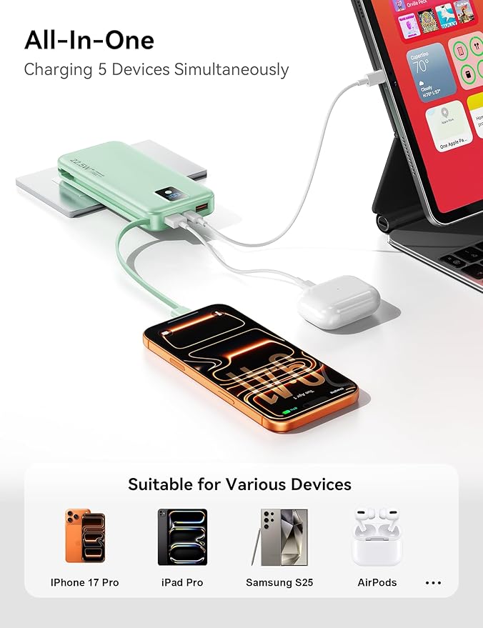 Portable Power Bank, 12000mAh 22.5W Fast Charging Phone Charger with Built-in Cables & Wall Plug, Travel Essential Battery Pack with LED Display, USB C Battery Charging Bank for iPhone, Samsung Green