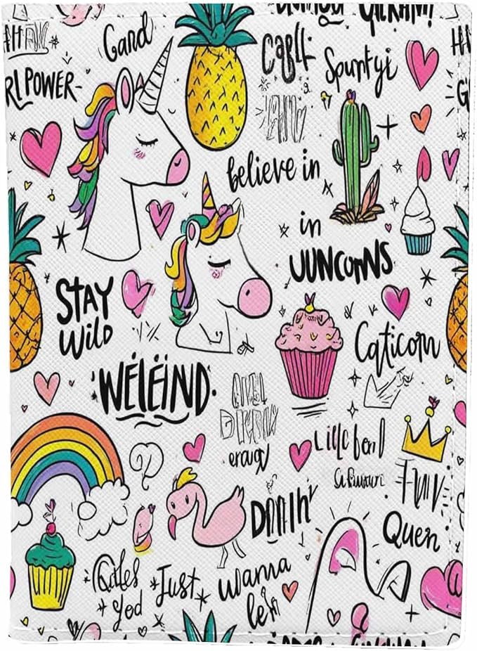 Unicorn Pattern Passport Holder for Travel Rainbow Pineapple Cake Love Heart PU Leather Passport Cover Wallet Cute Passport Card Holder for Women and Men