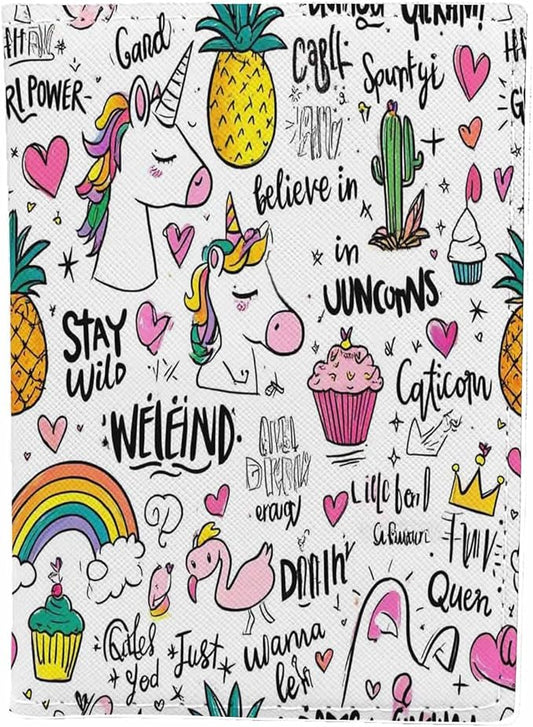Unicorn Pattern Passport Holder for Travel Rainbow Pineapple Cake Love Heart PU Leather Passport Cover Wallet Cute Passport Card Holder for Women and Men