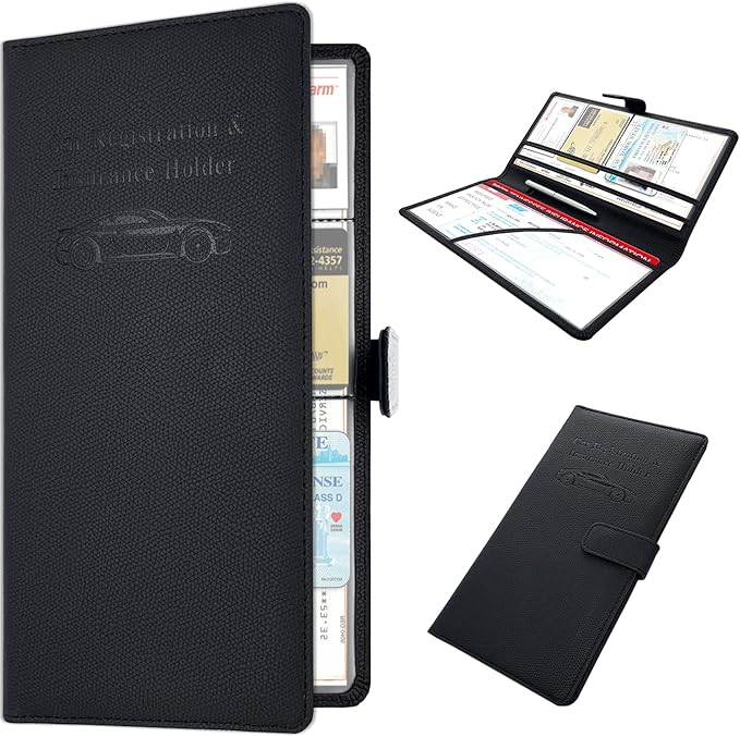 RSAquar Car Registration and Insurance Holder, Leather Car Glove Box Organizer, Cool Car Accessories for ID, Driver's License Cards & Essential Document, Men&Women, Black#2