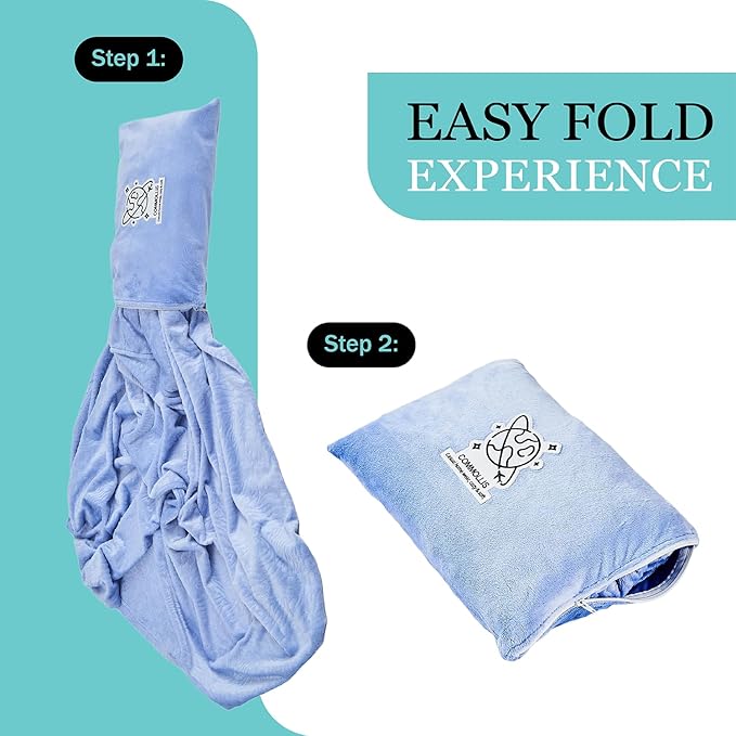 Commollis 2-in-1 Travel Blanket & Pillow for Airplane, Car, Train - Warm Compact Flight Blanket with Luggage Strap & Backpack Clip, Machine Washable, All-Season Use