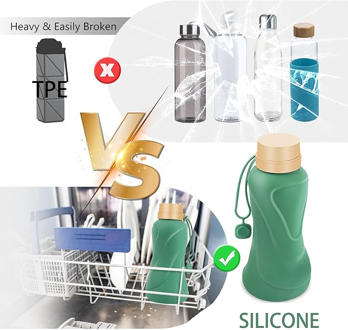 Collapsible Water Bottles,650ml,Leak Proof,Reuseable BPA Free Silicone Foldable Water Bottles,Durable Lightweight for Travel Gym Camping Hiking,Compact Size Portable Sports Water Bottle (Green)