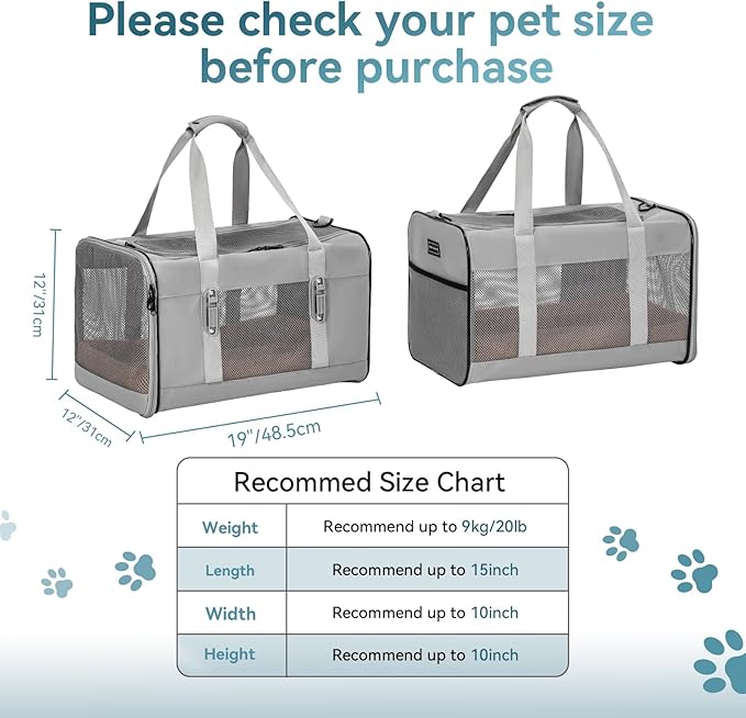 Petsfit Travel Pet Carrier for Large Cats (up to 20 lbs), Soft-Sided Dog Car Travel Carrier with Patented Buckle and Soft Padding, Ideal for Car Road Trips,19X12X12 Inch,Grey