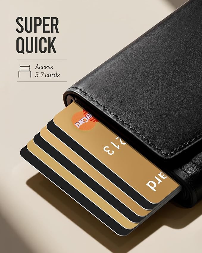 YESIIW Slim wallet for Men - Premium Genuine Leather Wallet - Pop up Smart Mens Wallet Card Holder for 7-9 Card Capacity | 1 ID Window | Cash Slot - Thin, Minimalist, Trifold, RFID Blocking (Black)