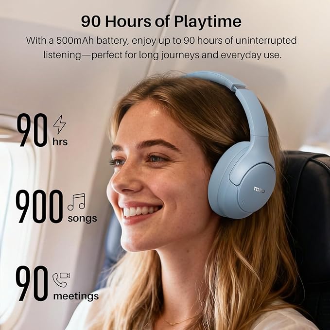 TOZO HT3 Hybrid Noise Cancelling Headphones, 90H Playtime Wireless Over Ear Bluetooth Headset, Spatial Audio AI Chat with 5 Mics, Supports Dual Connection and USB-C Input, with 32 EQ Music Modes